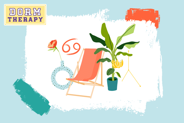 Illustration of a lounge chair, potted plant, abstract decor, and "Dorm Therapy" text on a colorful background.