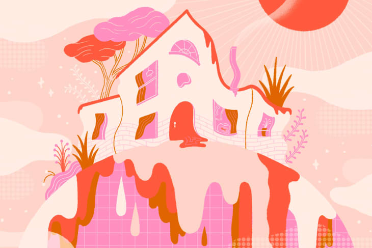 Whimsical house on a hill with pink and orange trees, abstract sun, and flowing patterns.