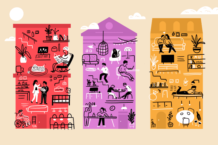 Three colorful apartment buildings with people engaged in various activities like reading, working, and socializing.