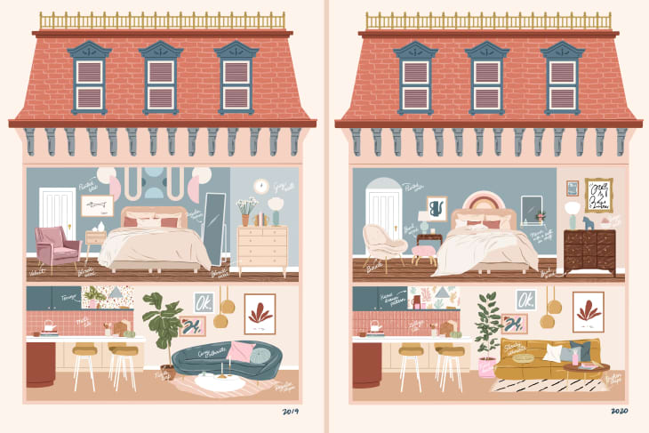 Two-story house interior with bedrooms, living rooms, and kitchens, featuring modern furniture and decor in pastel colors.