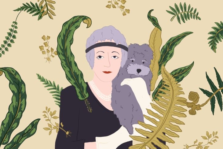 illustration of Elsie de Wolfe and her poodle surrounded by leaves