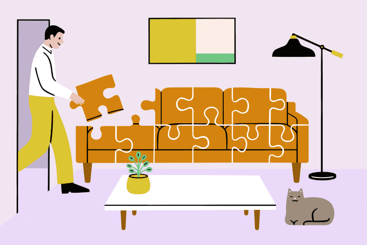 illustration of the couch doctor putting a couch together like a puzzle