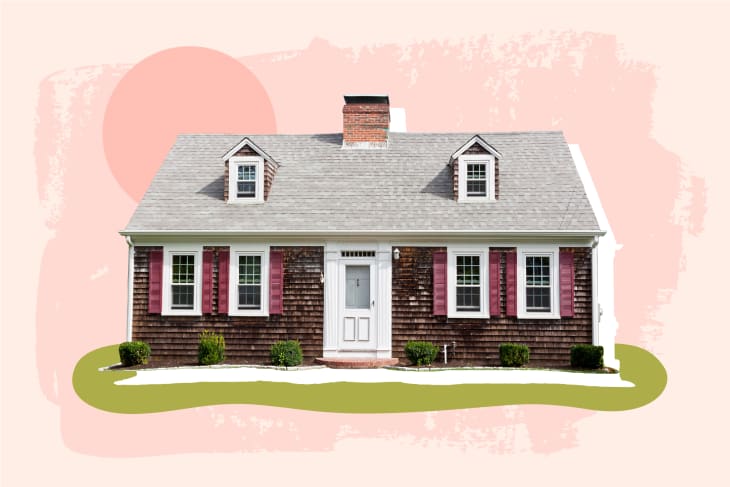 Cape Cod style house cut out with shapes in the background