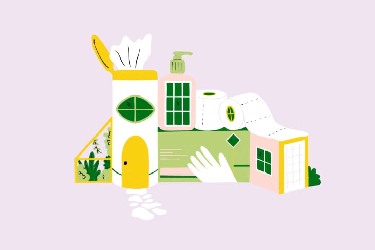 house made from Clorox Wipes, box of gloves, soap dispenser, and toilet paper