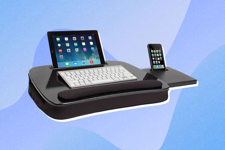 lap desk with iPad, key board and iPhone