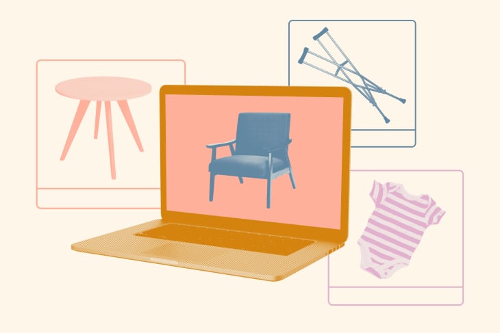 Laptop displaying a blue chair, surrounded by images of a table, crutches, and a striped baby onesie.