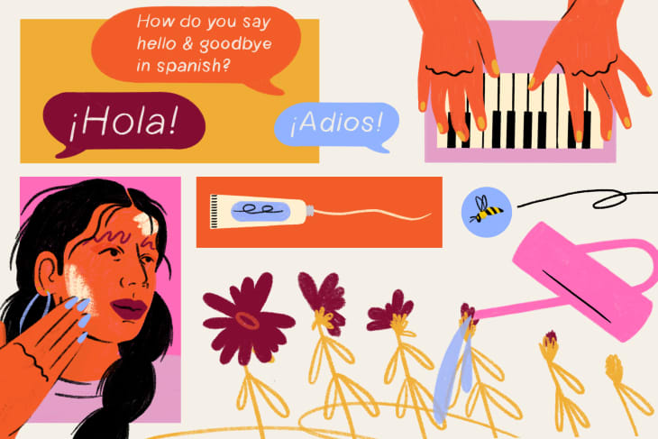 Woman applying suncreen, tube of retinol, financial pie chart, flowers being watered, text bubbles with new language, hands playing piano