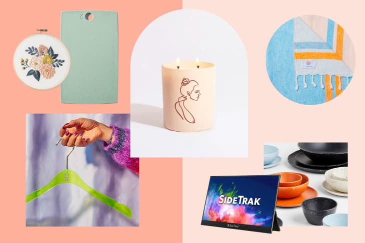 Embroidery hoop, mint cutting board, candle, colorful towel, green hanger, SideTrak monitor, and speckled bowls.