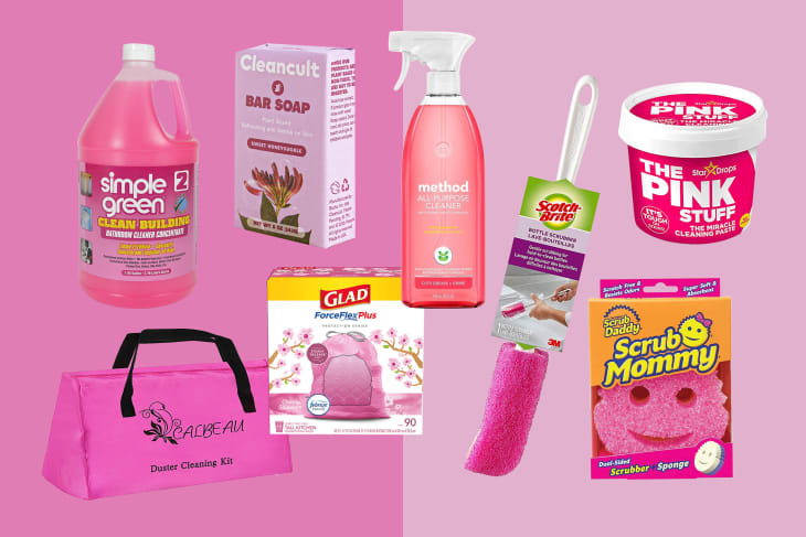 Roundup of pink cleaning products. Includes products like scrub mommy, the pink stuff and gladd pink trash bags.