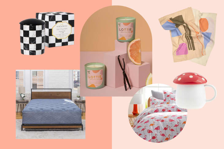 Checkered candle, Lottie candle with grapefruit and vanilla, abstract blanket, blue mattress, flamingo bedding, mushroom mug.