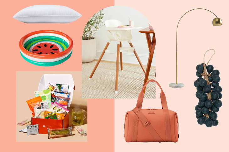 Collage of a pillow, watermelon bowl, high chair, snack box, coral duffel bag, floor lamp, and grapes.