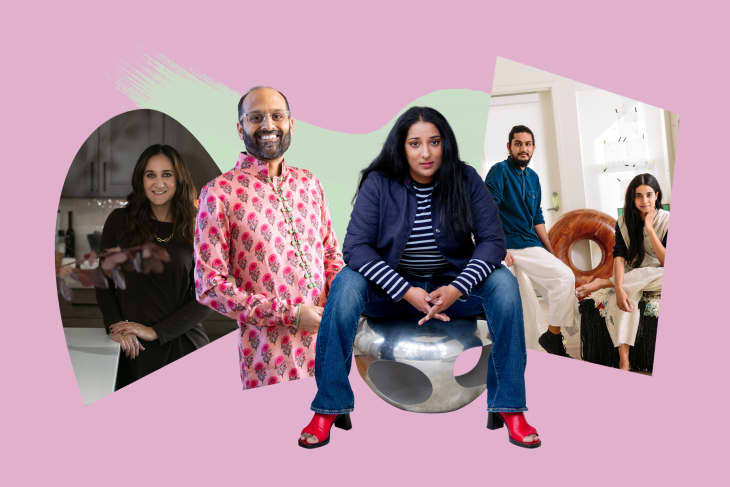 Collage of AAPI Interior Designers —Ayesha Usman, Mitesh Trambadia, Raji Rajakrishnan, and Utharaa &amp; Palaash