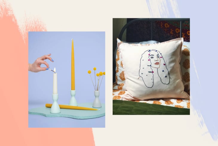 Collage of two etsy shops — one image with candles and candle holders and second image with embroidered Solange pillow