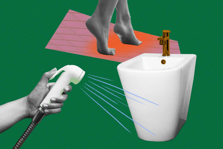 Collage of a hand using a sprayer, a bidet, and feet walking on a heated tile floor