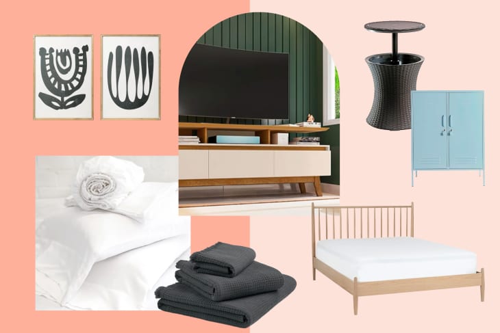 Collage of home decor items: abstract art, TV stand, wicker table, blue cabinet, bed, white and gray linens.