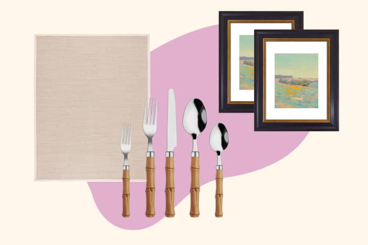 Collage of a rug, bamboo handle silverware, and black frames with a gold accent