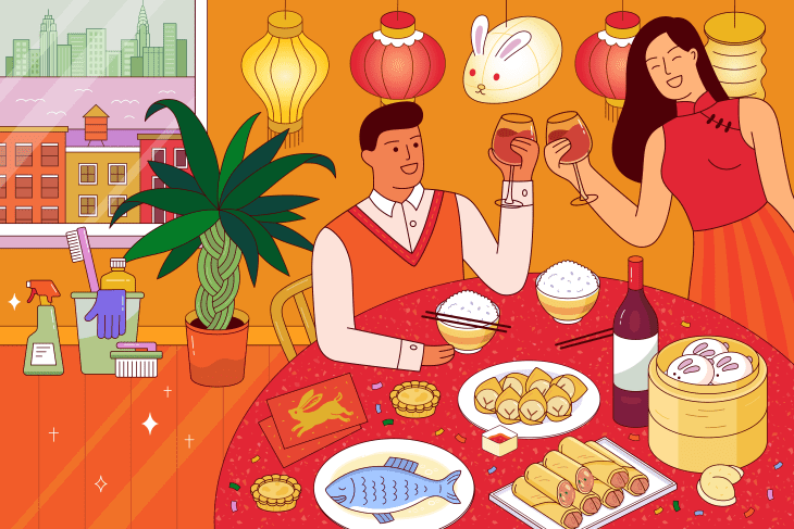 Illustration of a man and woman celebrating Lunar New Year