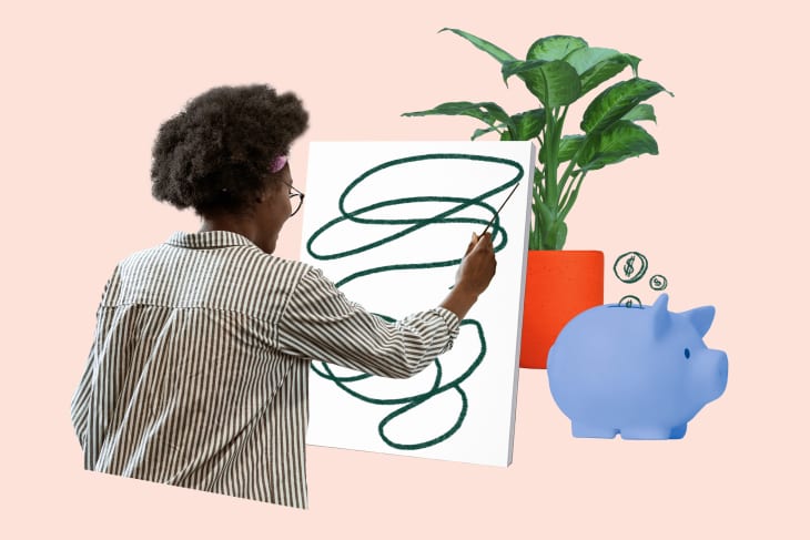 Collage of woman painting a canvas, a potted plant, and a piggy bank