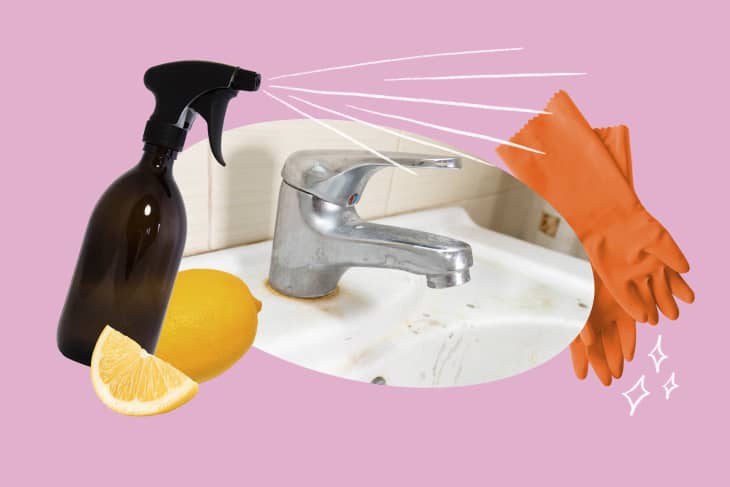 Collage of spray bottle, dirty sink, and gloves