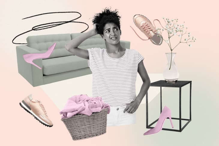 Woman in striped shirt surrounded by floating shoes, a sofa, a basket of clothes, and a vase on a table.