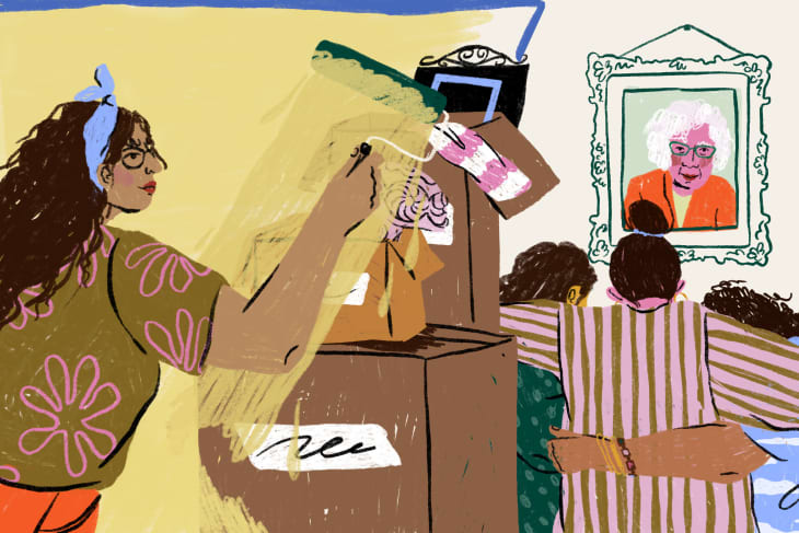 illustration of a woman repainting and redecorating her grandmother's(abuela's) room