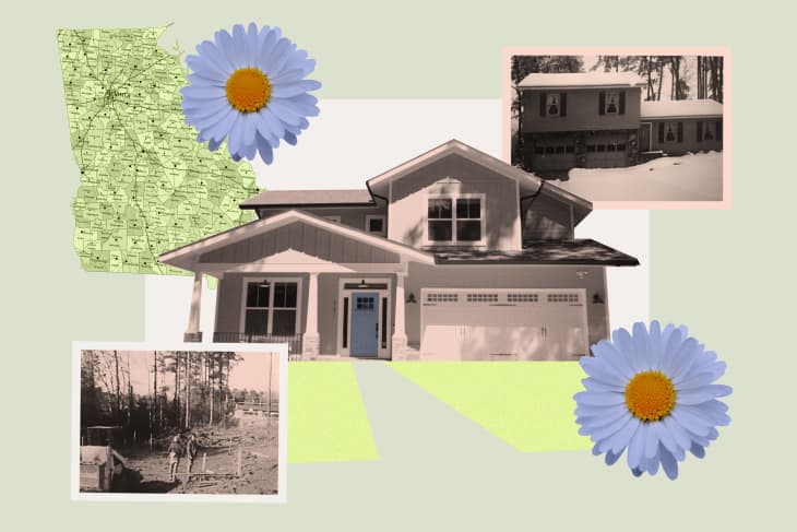 Collage of a modern house, vintage photos, Georgia map, and daisies.