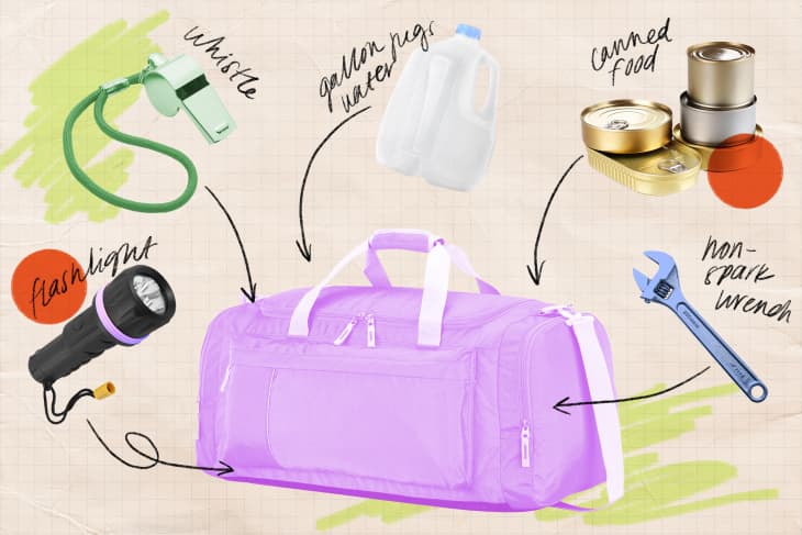 Collage of essential items to pack in a duffel bag for a tornado
