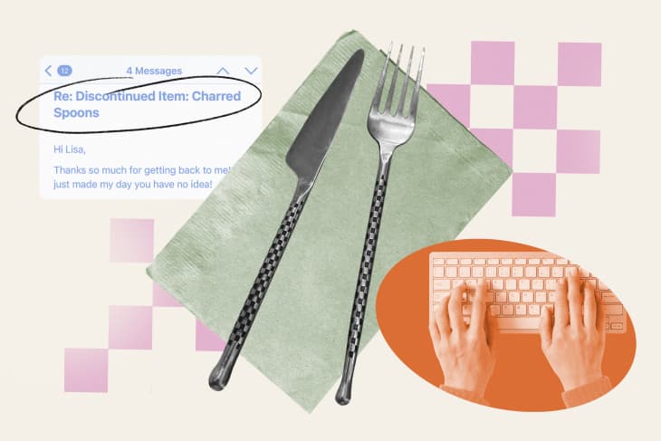 Collage of utensils on a napkin and hands typing on a keyboard with a checkered background