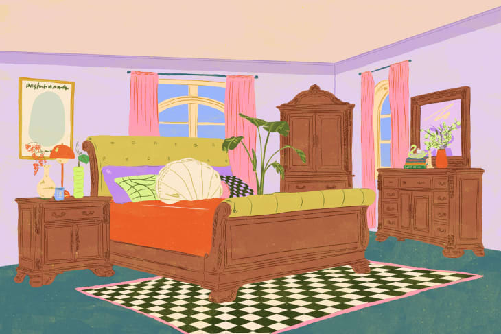 illustration of a bedroom with modern decor featuring a wood bedroom set with a matching nightstand, bed frame, armoire, and vanity dresser