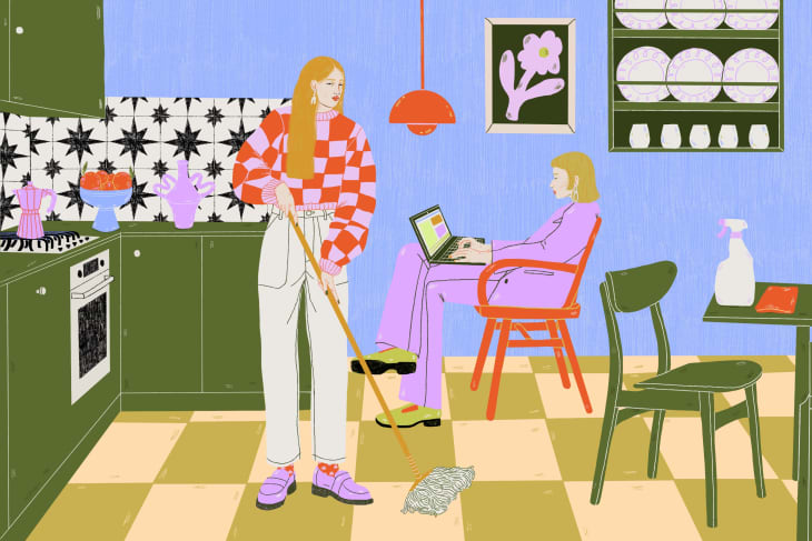 Illustration of a woman mopping and cleaning in her kitchen while another woman sits in the background on her laptop