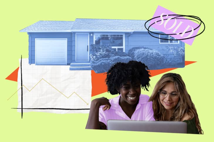 collage of graph, home for sale, 2 women looking at a computer screen