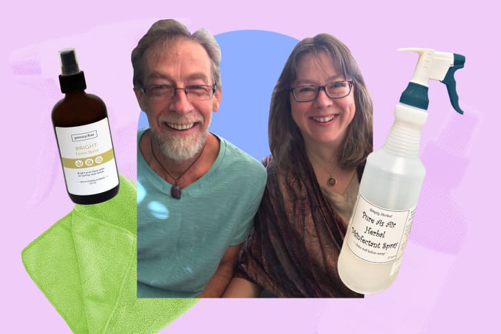 Collage of photos of parents with their homemade cleaning products