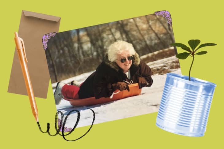 Collage of the writers grandma, an envelope, pen, and a plant in a can planter