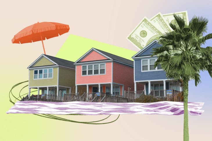 Collage of beach houses, palm trees, money