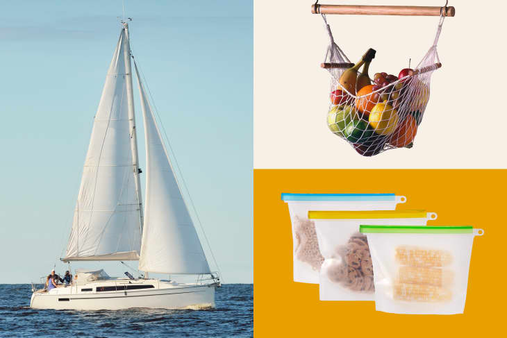 Sailboat on the ocean, hanging fruit basket, and reusable food storage bags.