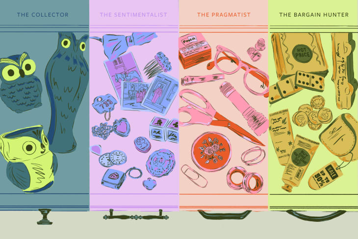 illustration of four different dressers with various items inside that describes the four clutter personality types: the collector, the sentimentalist, the pragmatist, and the bargain hunter