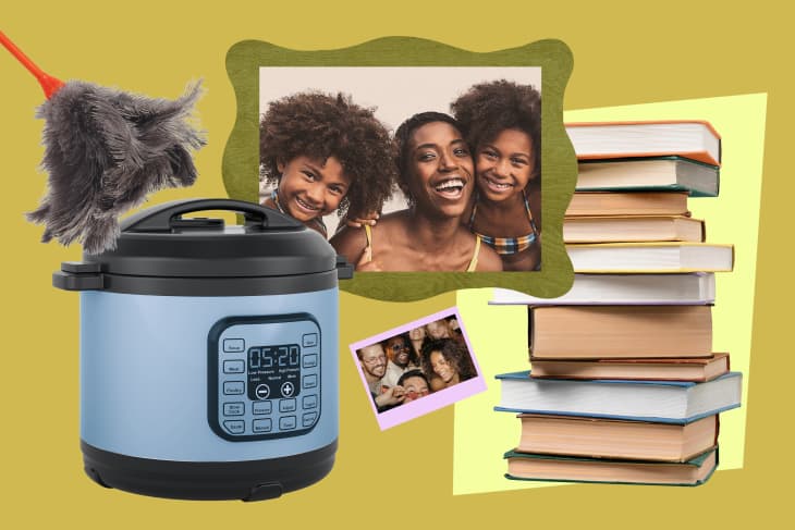 collage of dusting off a crockpot, framed family photo and polaroid and a stack of books to read