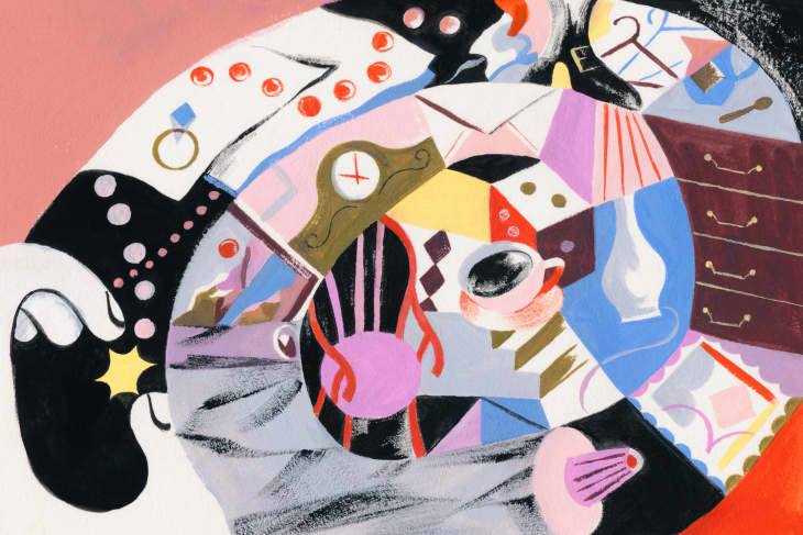 Abstract painting with geometric shapes, a coffee cup, a clock, and a chair in vibrant colors.