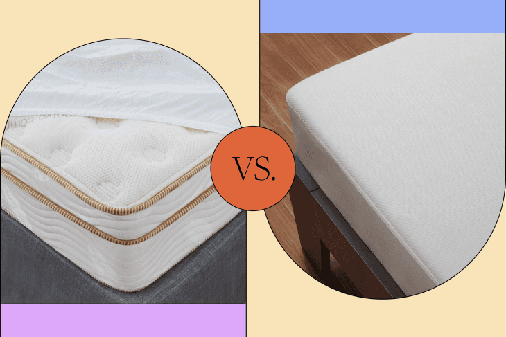 Close-up comparison of a plush mattress with a quilted cover versus a firm mattress on a wooden bed frame.