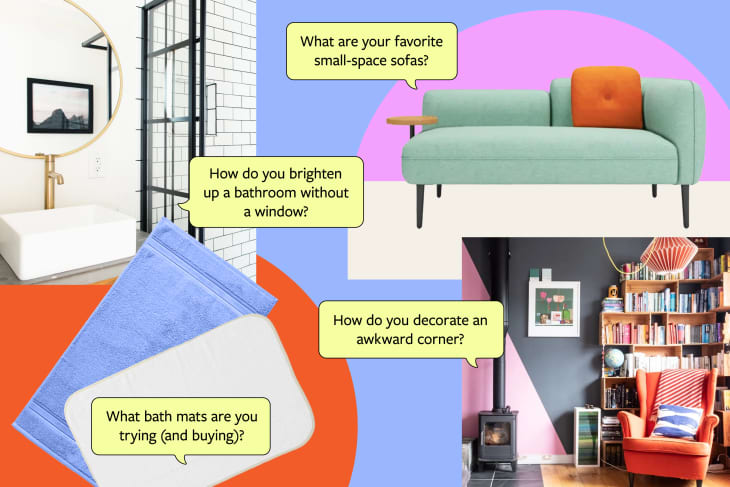 Collage of home decor ideas with a green sofa, bathroom, blue bath mat, and colorful reading nook.