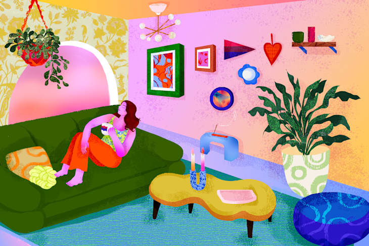 illustration of someone at home on their couch looking content