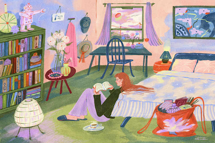Illustration of a woman at home reading in her bedroom next to a bag of thrifted finds