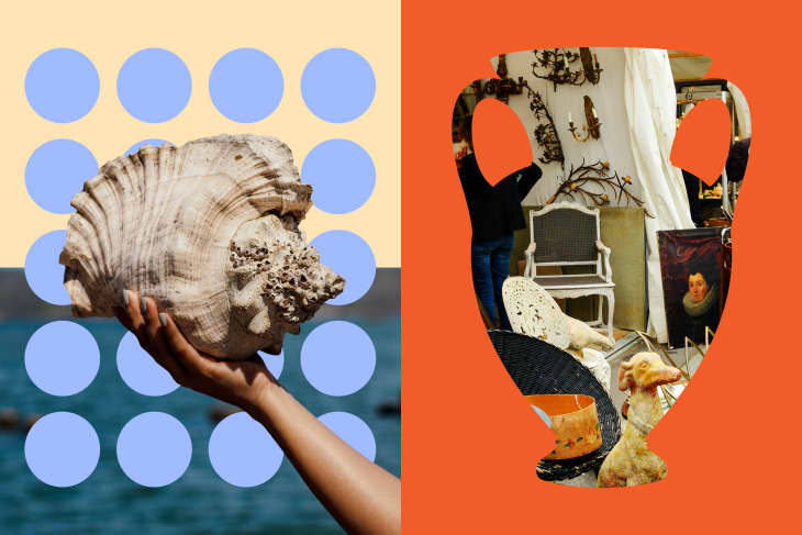 Hand holding a large seashell against a blue polka dot background, next to a collage of vintage decor items.