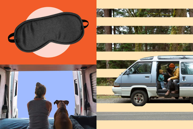 Sleep mask on orange background; woman and dog in van; person and child sitting in open van door in forest.