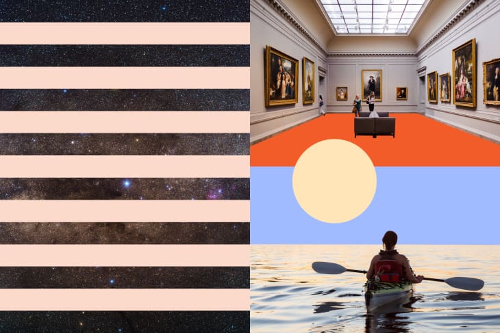 Collage of starry sky, art gallery with paintings, abstract sun, and person kayaking on water.
