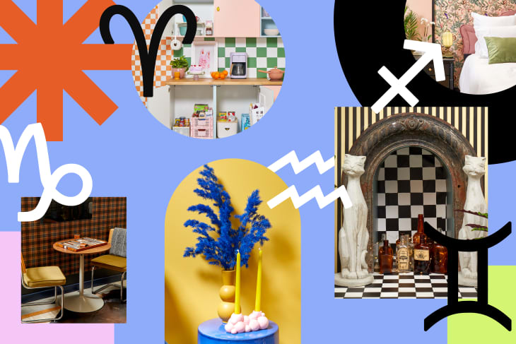 Collage of eclectic interiors with zodiac symbols, featuring a checkered kitchen, plaid dining nook, and ornate archway with statues.