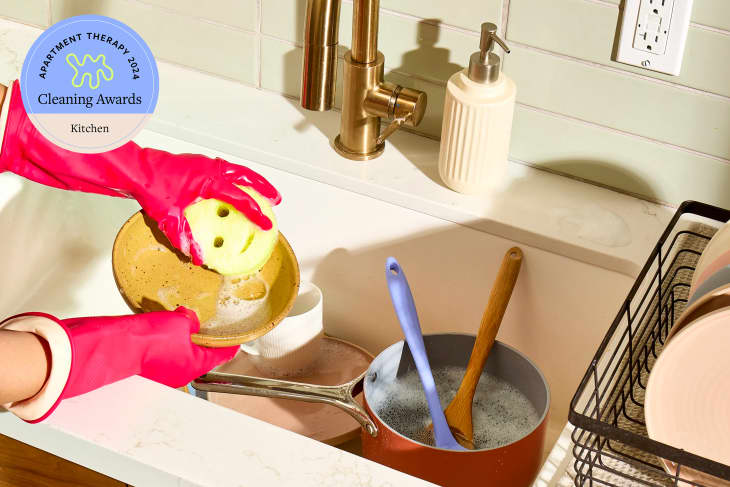 Cleaning Awards logo over photo of an angled shot of someone hand washing a dish with a yellow scrub daddy