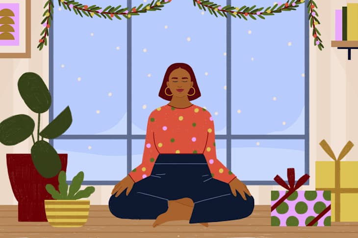 illustration of a woman meditating in her home surrounded by houseplants, holiday decor, and wrapped gifts