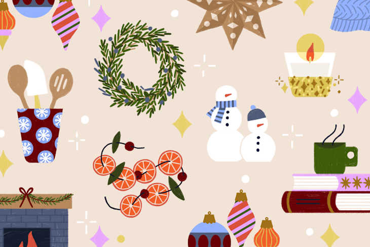 illustration of several holiday themed pieces of home decor