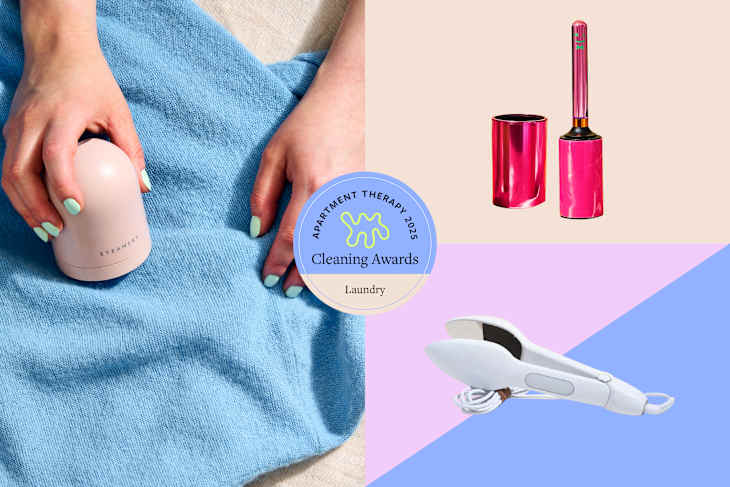 graphic collage with photo of lint roller being used on a sweater and a lint roller and Nori press iron